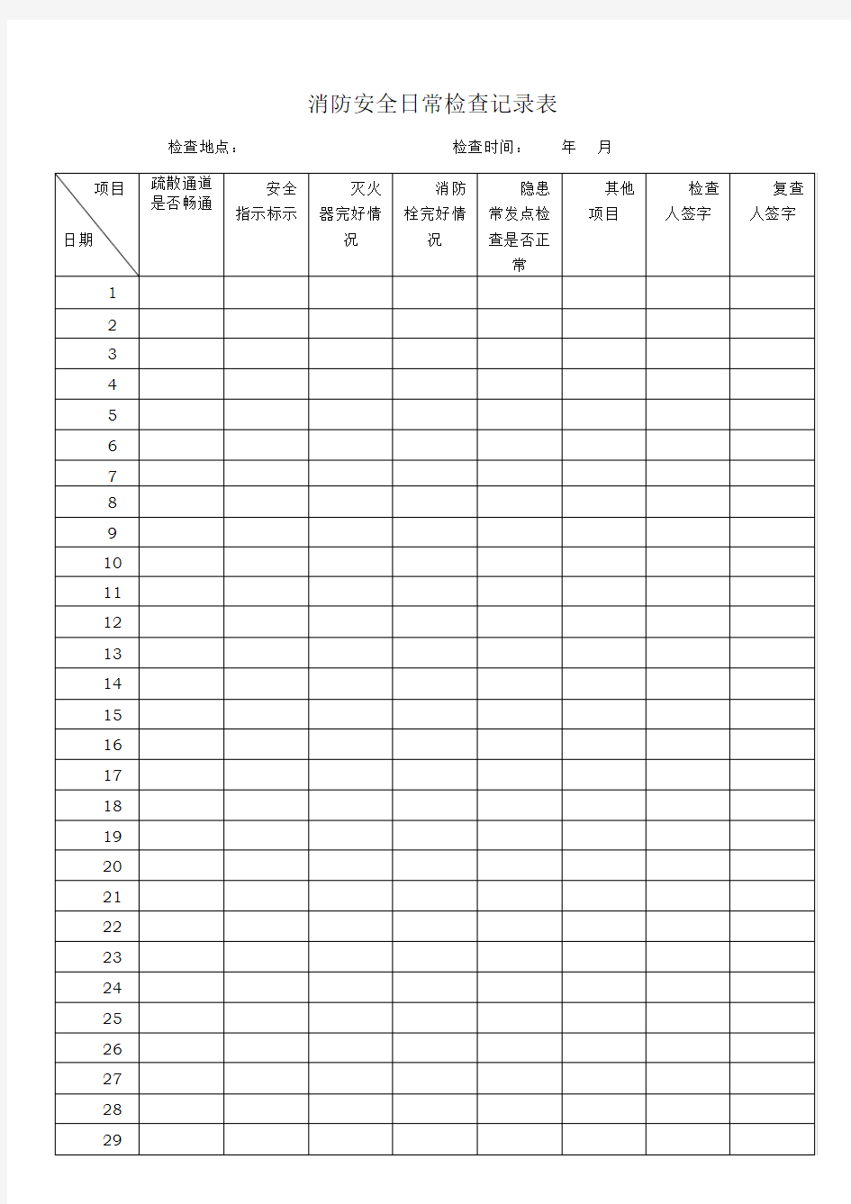 消防安全日常检查表