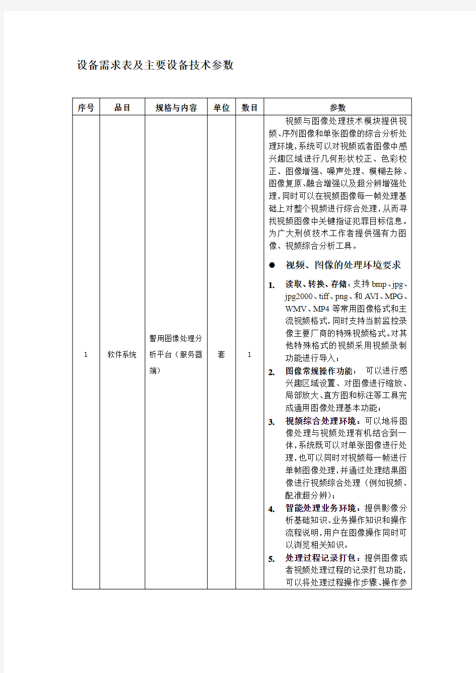 设备需求表及主要设备技术参数