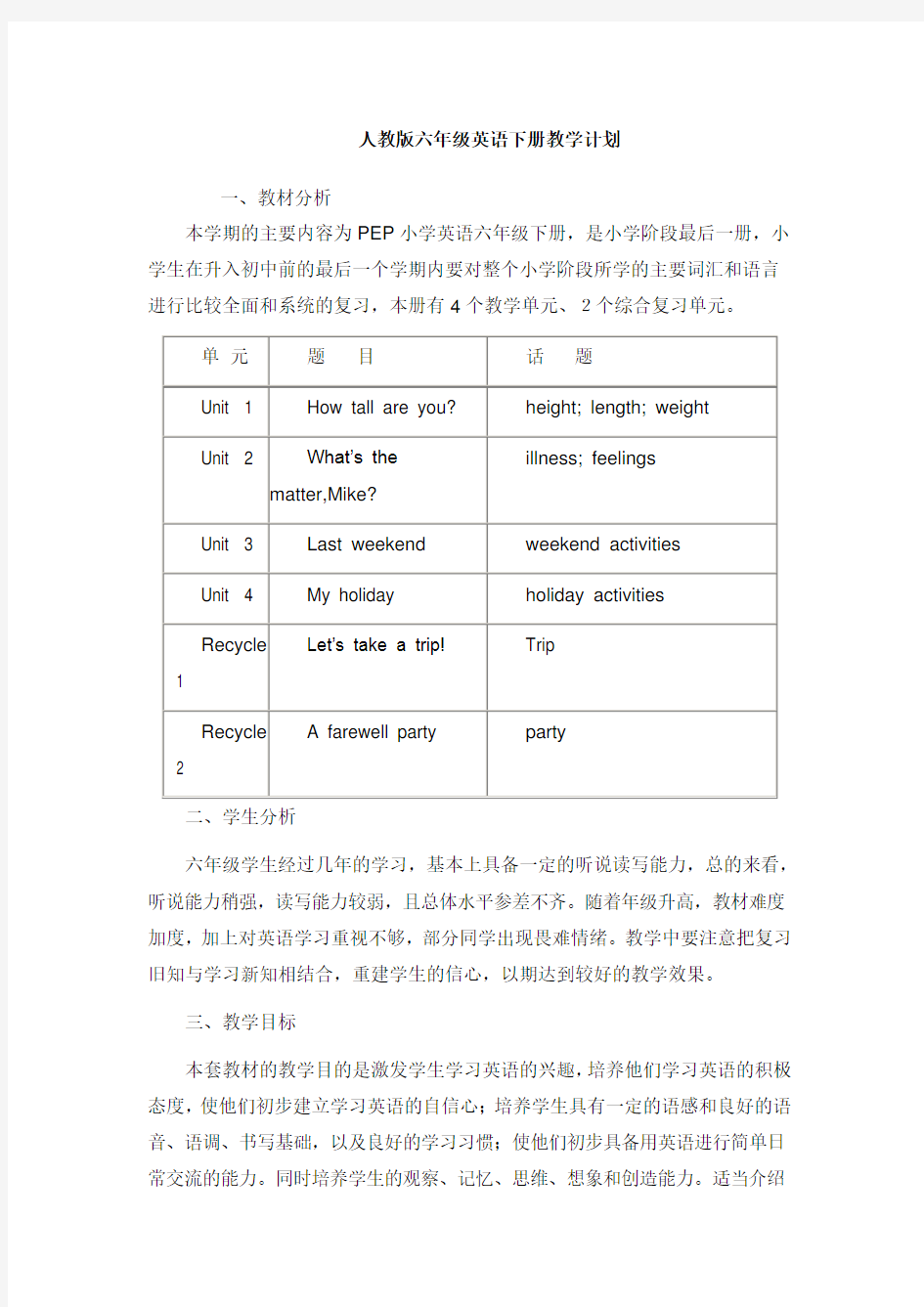 (完整版)人教版六年级英语下册教学计划