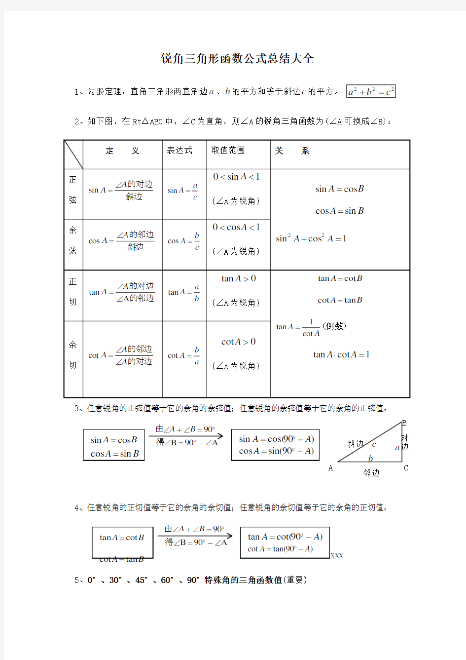 锐角三角形函数公式总结大全