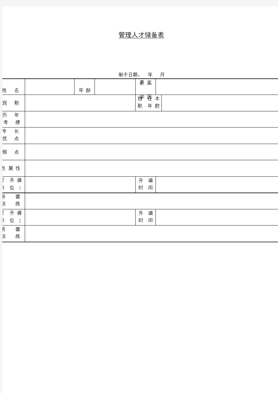管理人才储备表格式