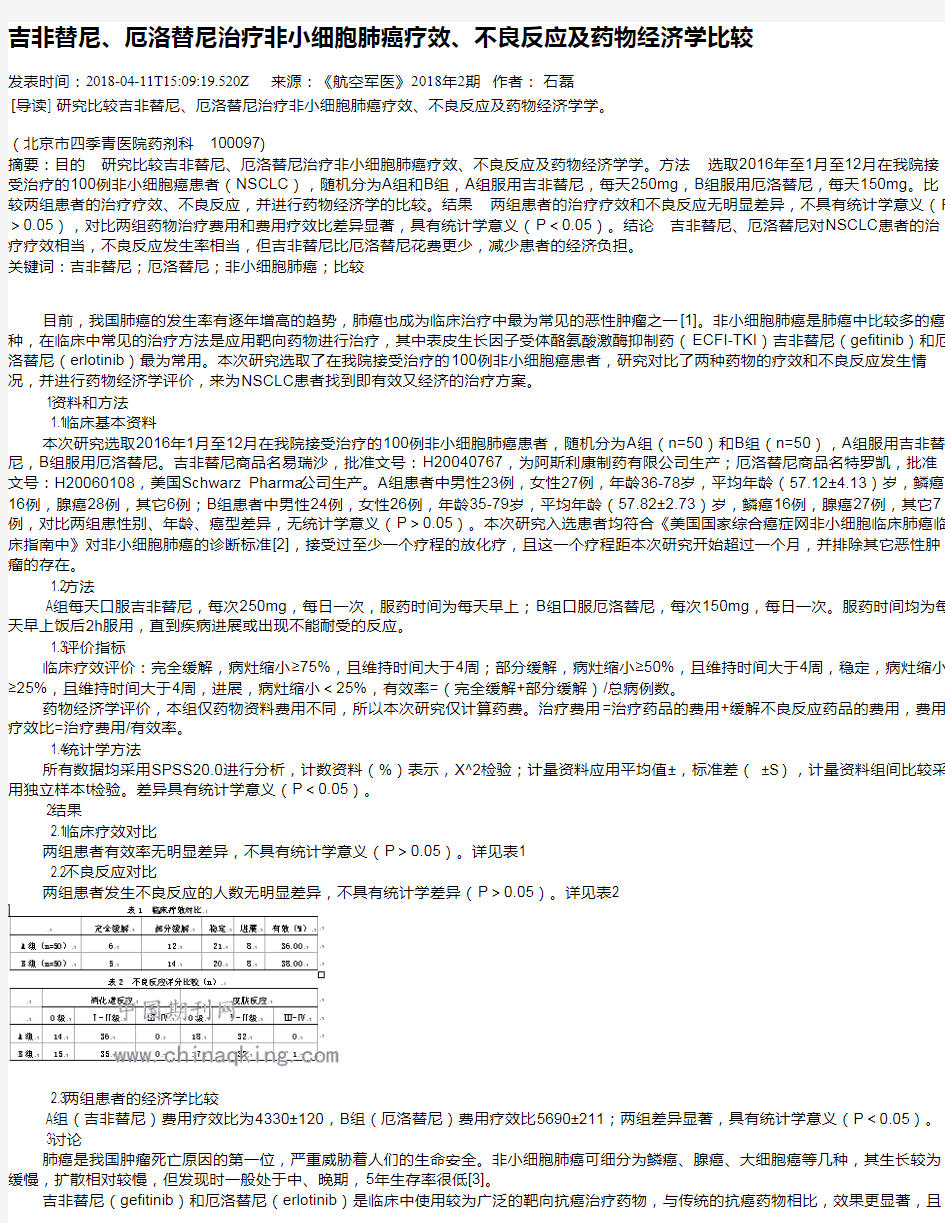 吉非替尼、厄洛替尼治疗非小细胞肺癌疗效、不良反应及药物经济学比较