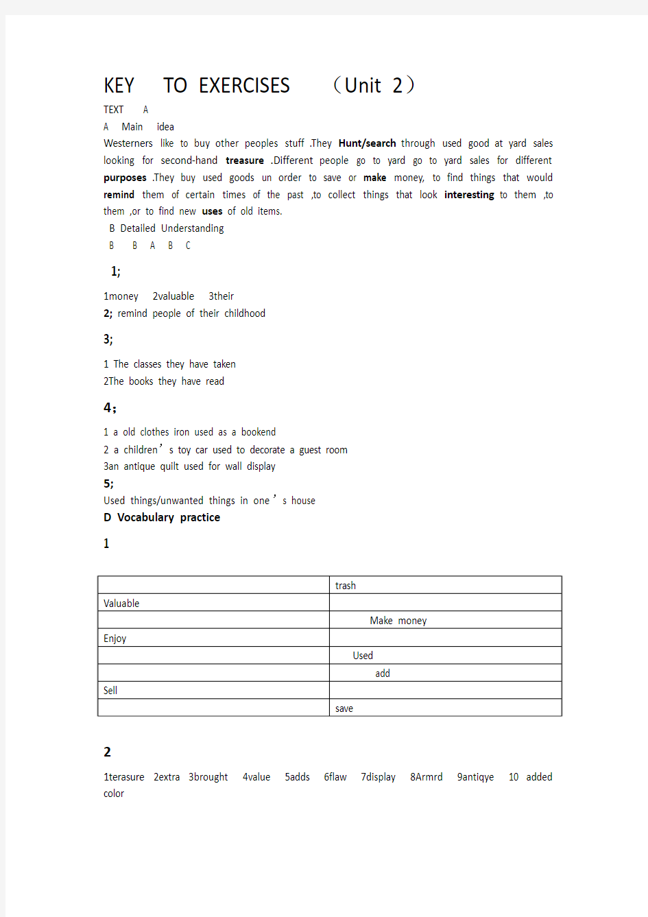 大学英语读写教程1答案(Unit2)