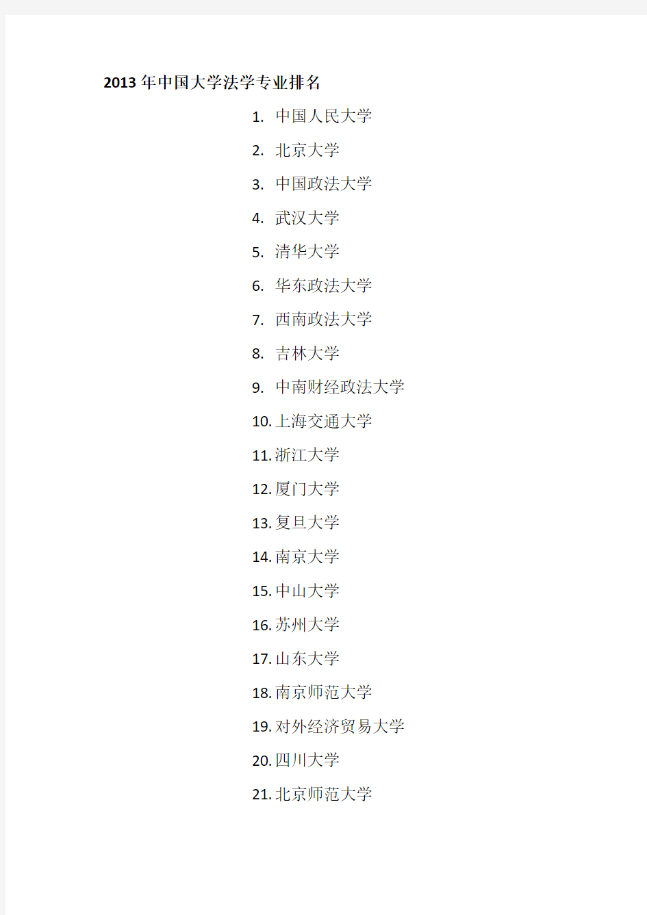2013年中国大学法学专业排名