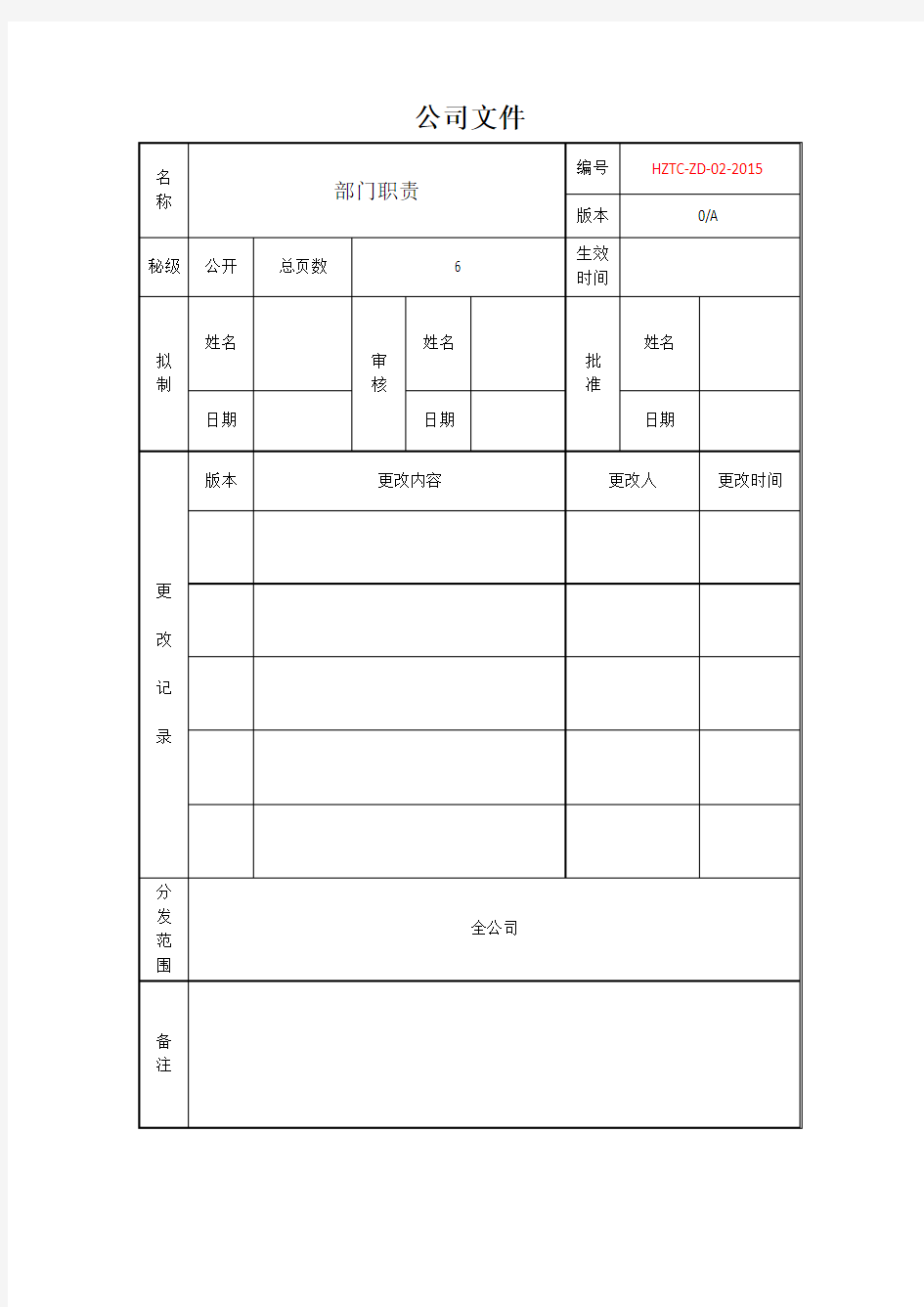 部门职责表格模板