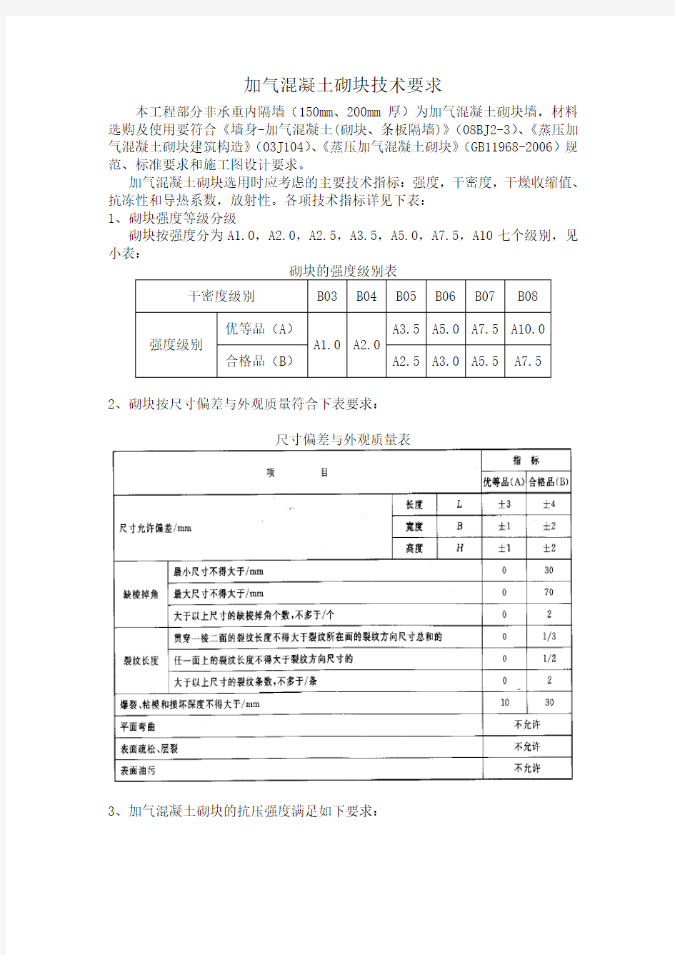 加气混凝土砌块技术性能要求