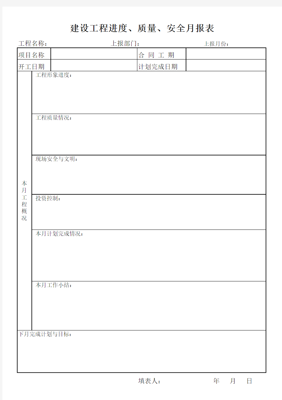 建设工程进度、质量、安全月报表