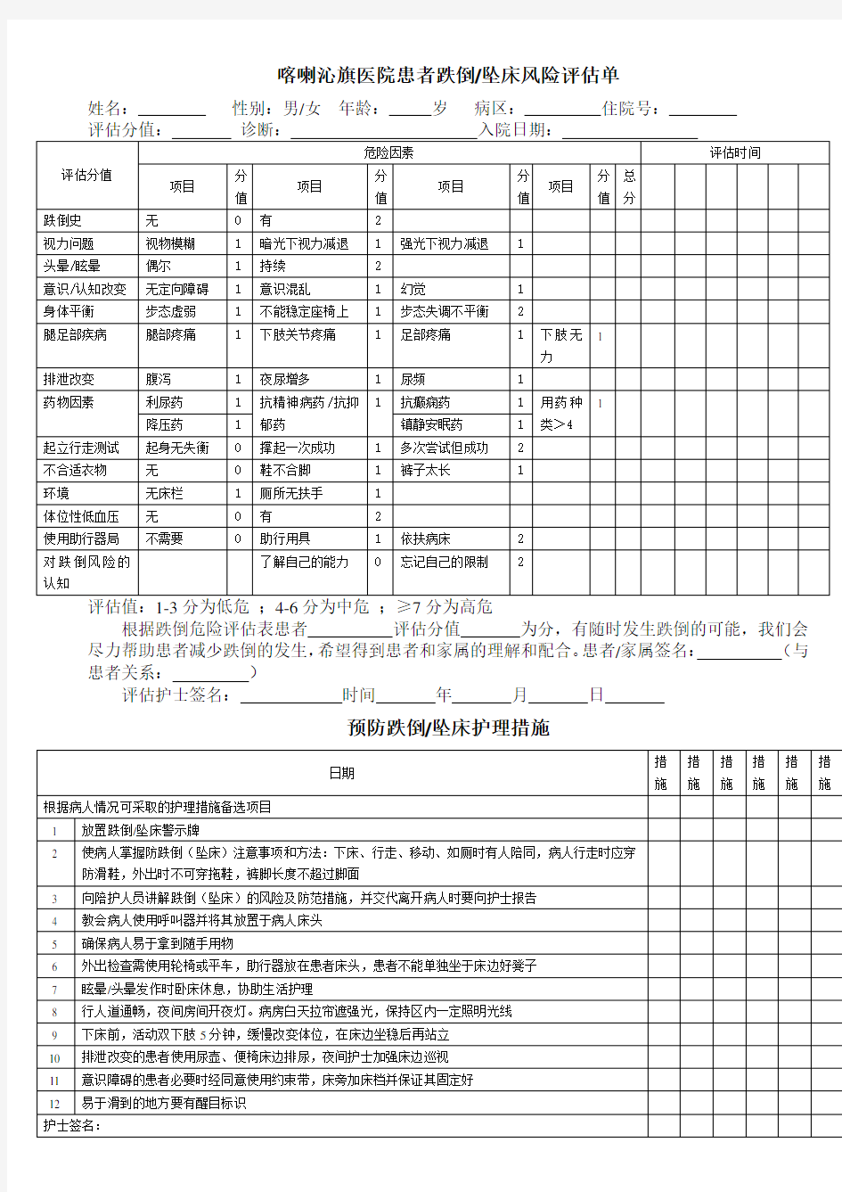 跌倒坠床评估单