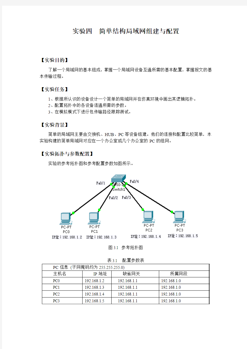 实验四、简单结构局域网组建与配置