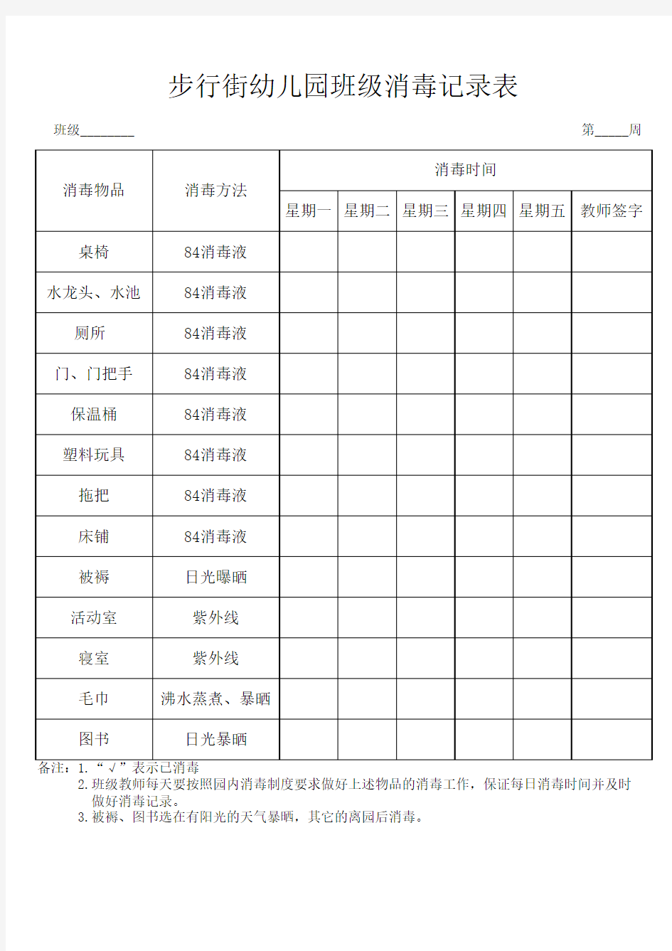 幼儿园班级消毒记录表