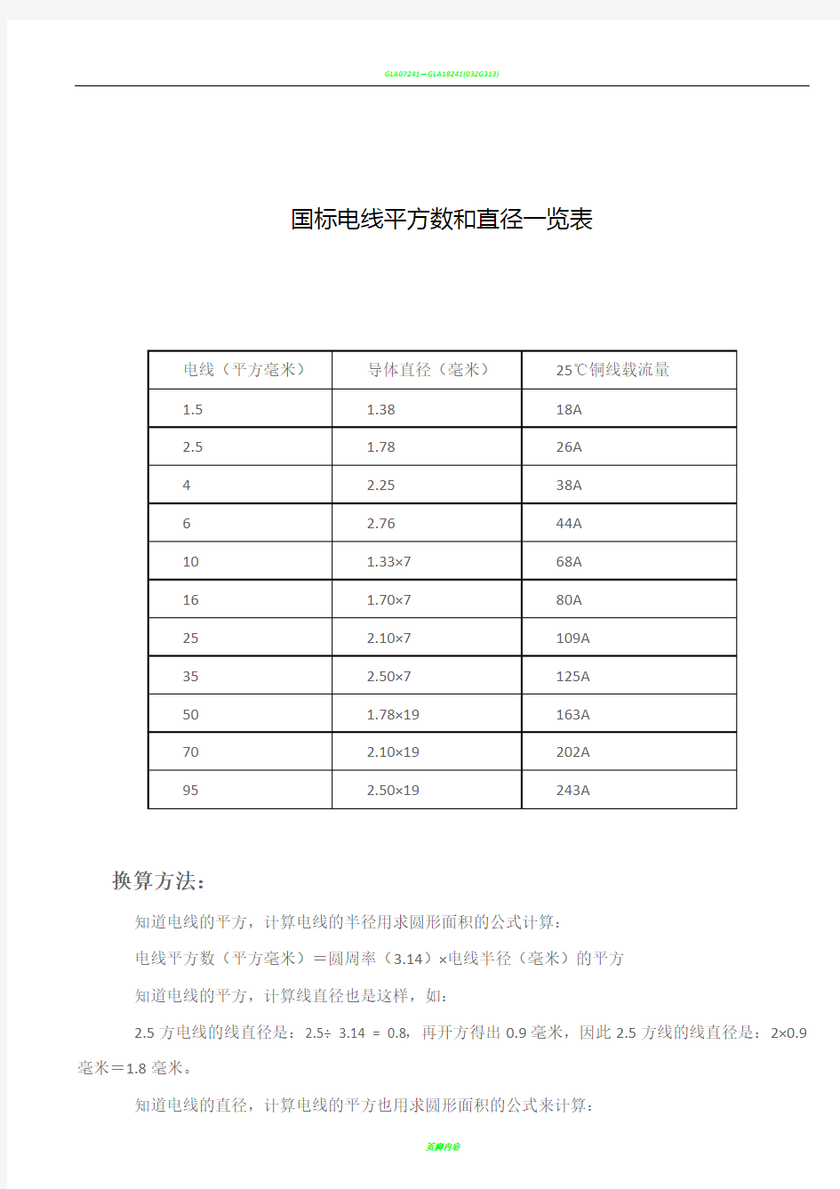 国标电线平方数和直径一览表