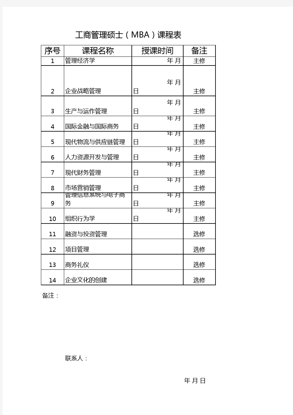 工商管理硕士(MBA)课程表