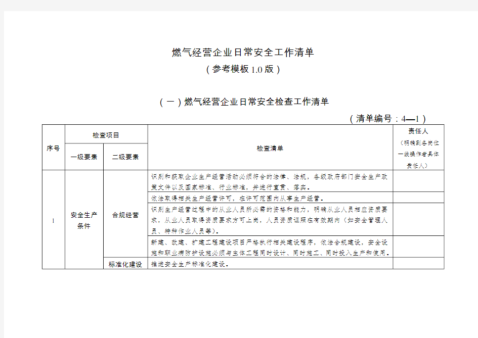 燃气经营企业日常安全工作清单