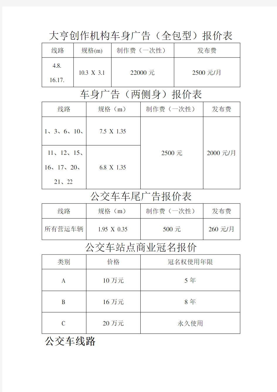 公交车车身广告报价表