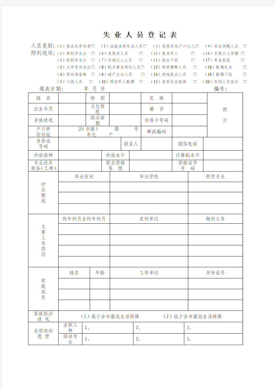 失业人员登记表