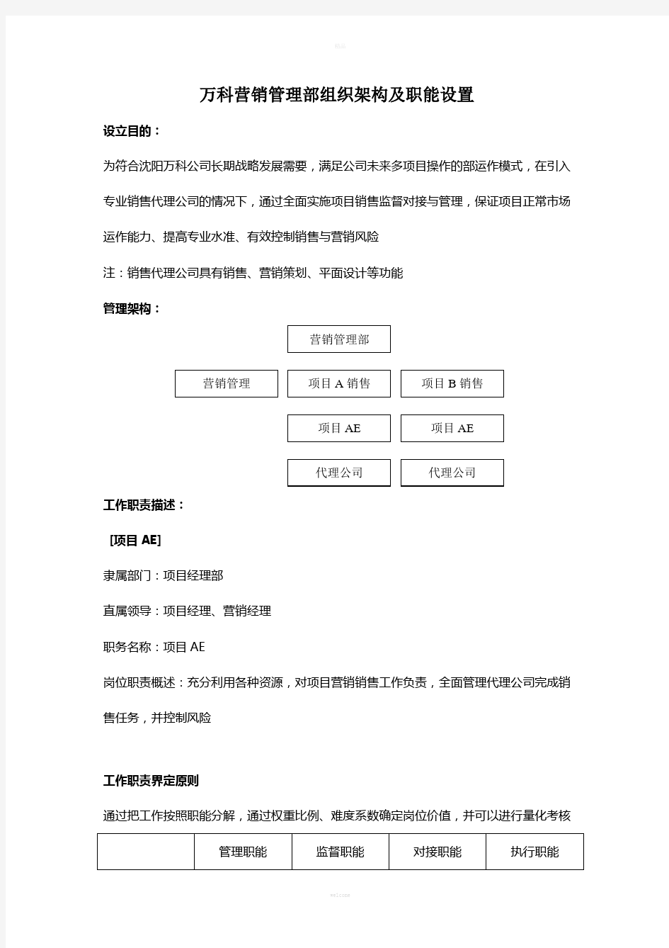 万科营销管理部组织架构及职能设置