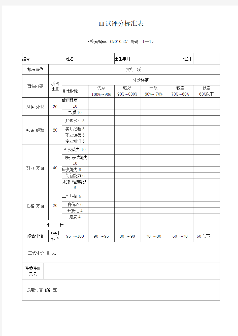 面试评分标准表