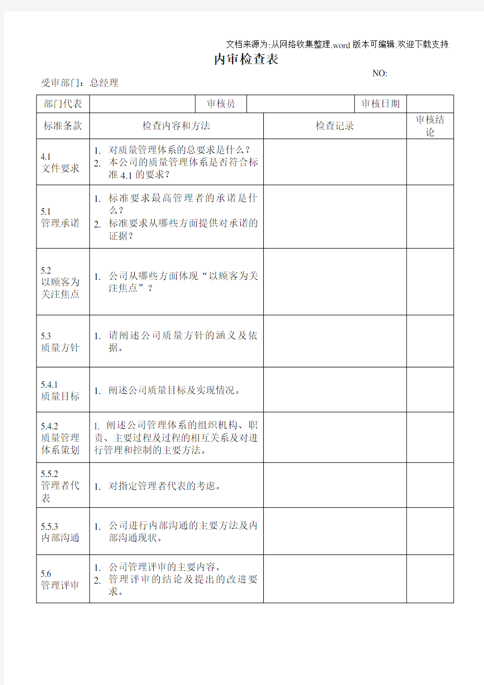 各部门内审检查表