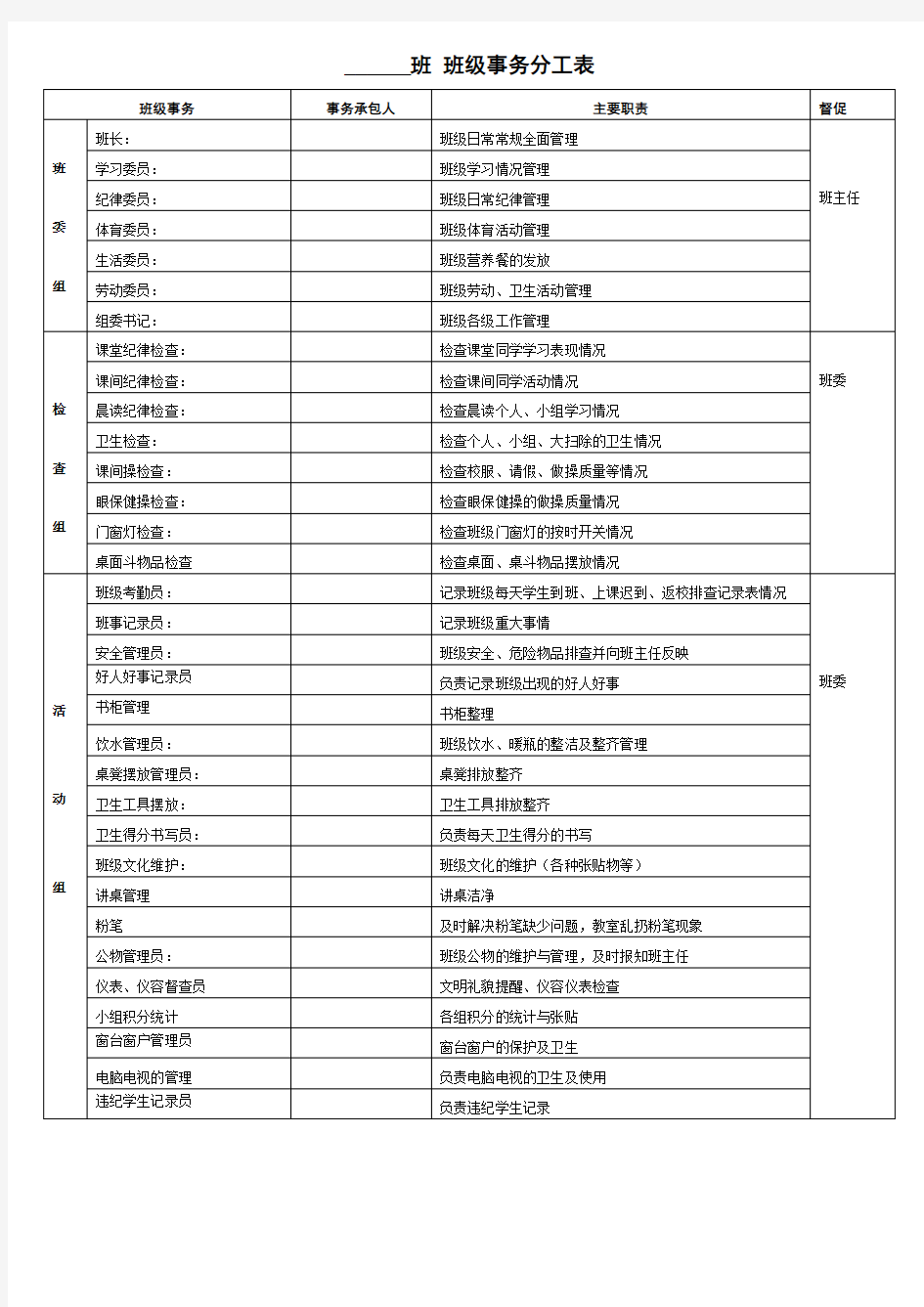 班级事务分工表