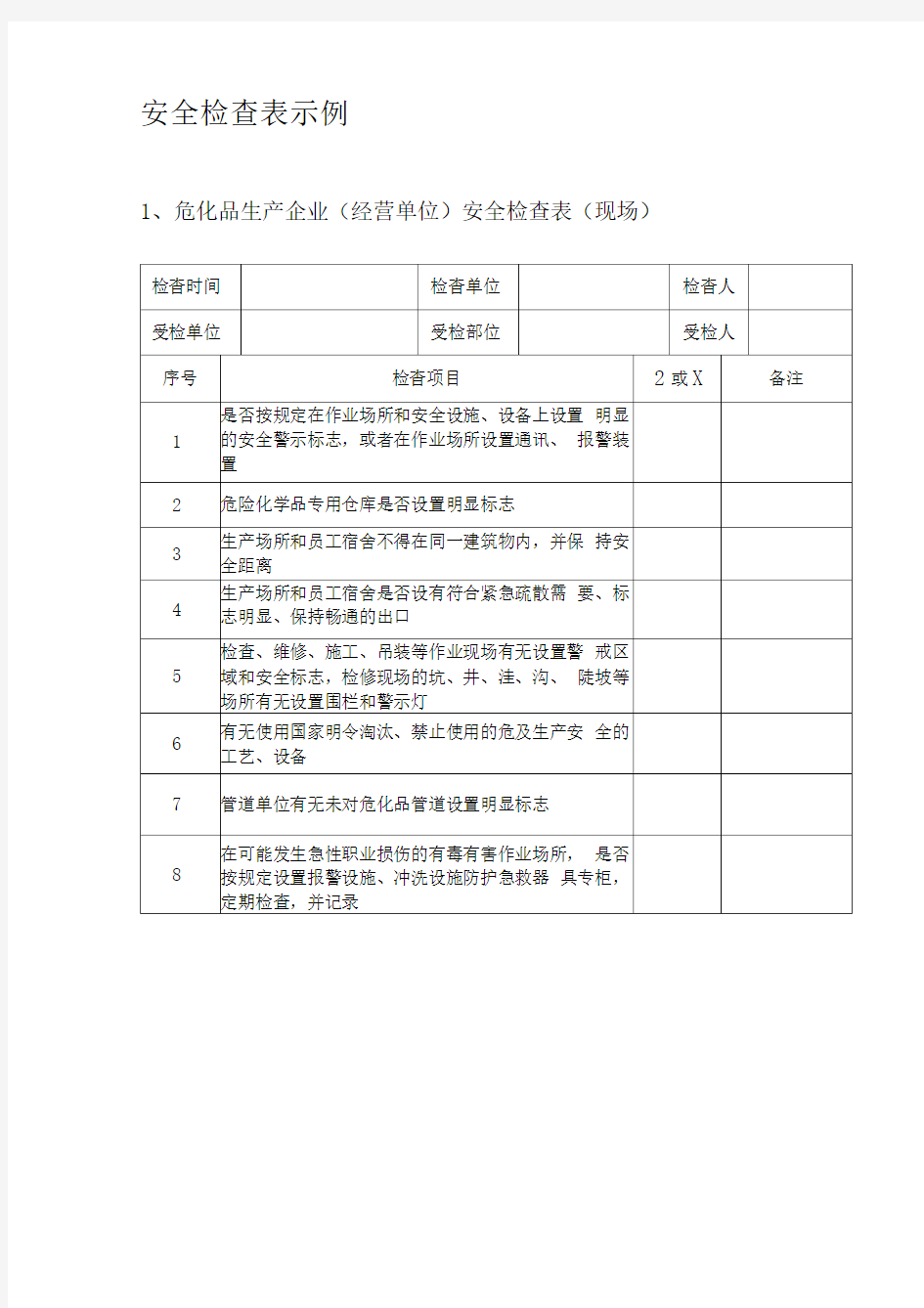 安全检查表实例