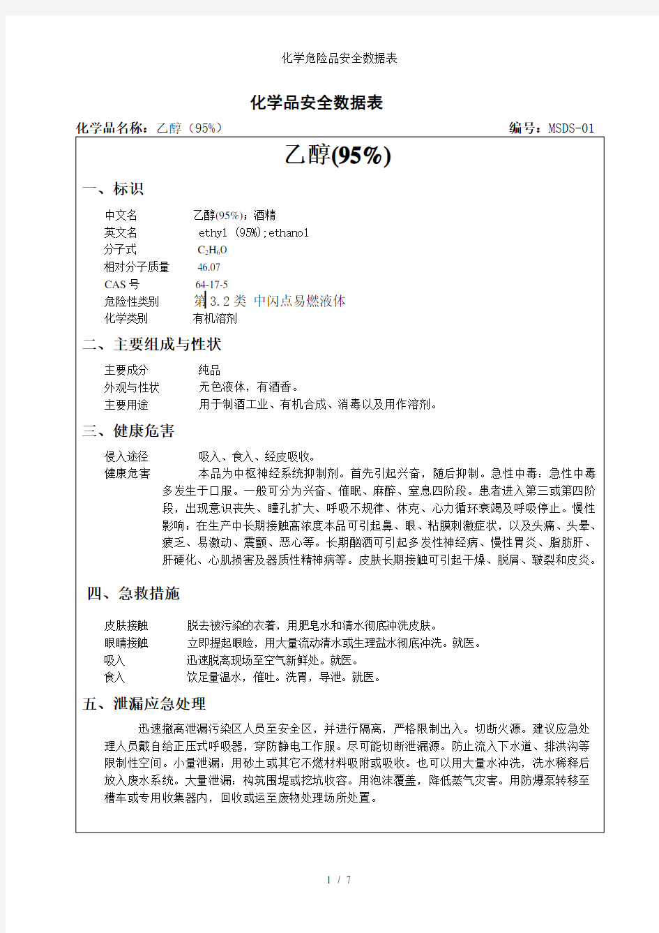 化学危险品安全数据表