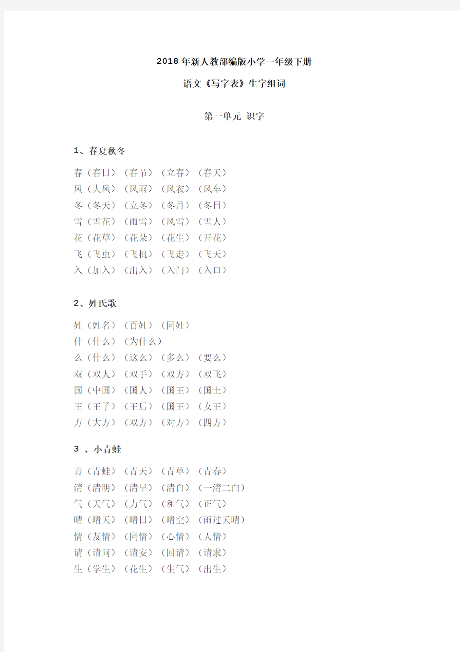 2018年新人教部编版小学一年级下册