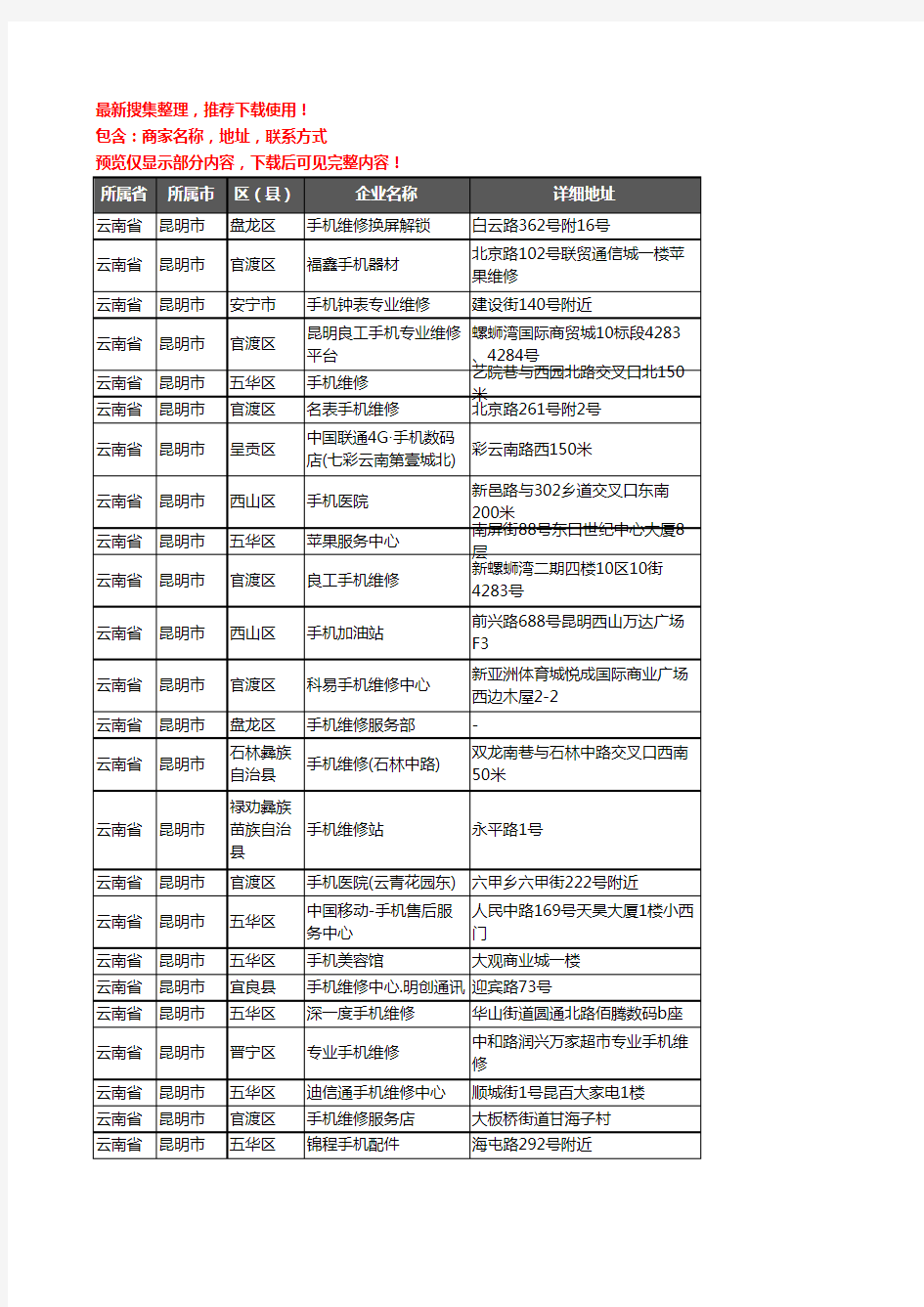 新版云南省昆明市手机维修企业公司商家户名录单联系方式地址大全373家