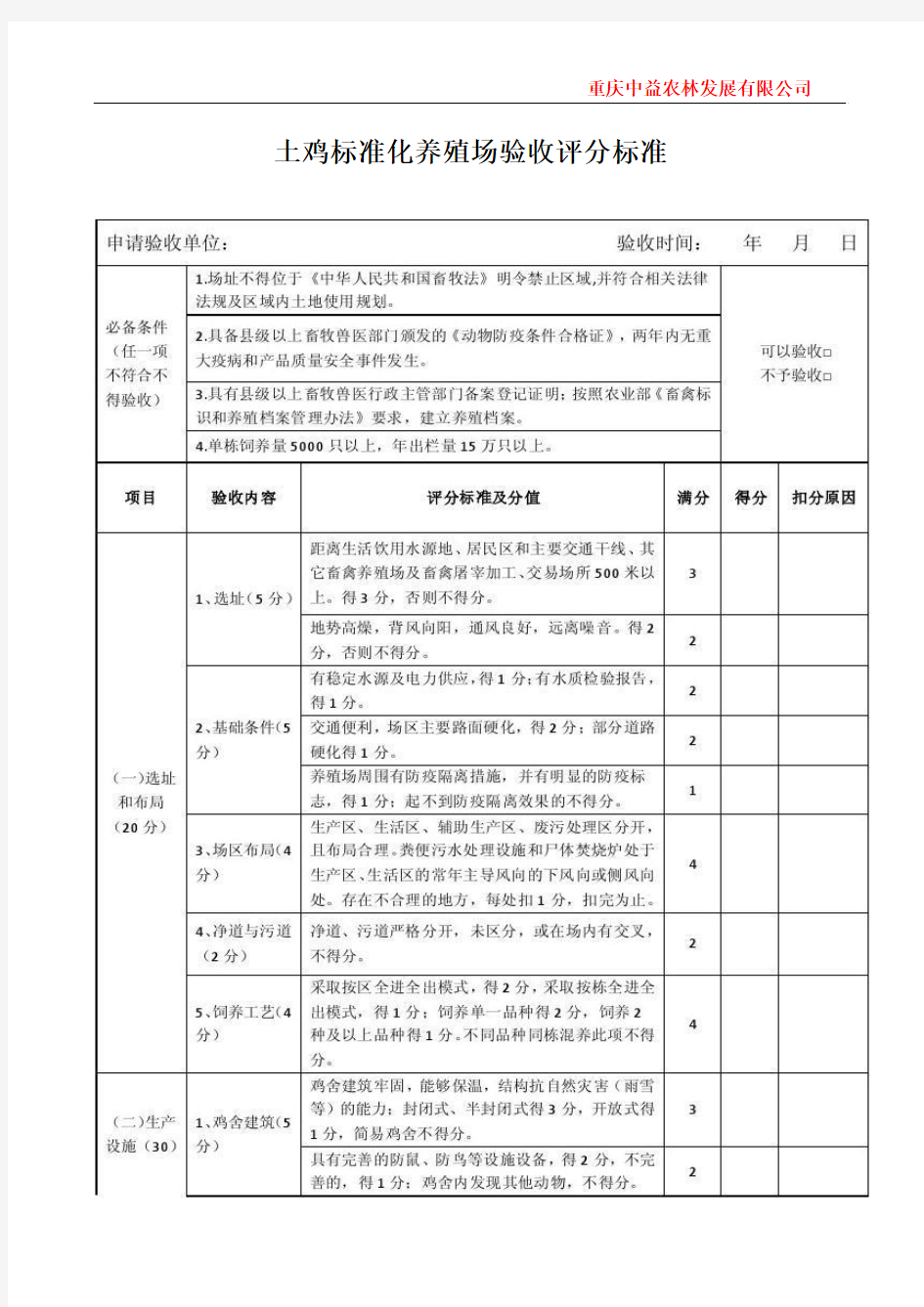 肉鸡标准化验收评分标准