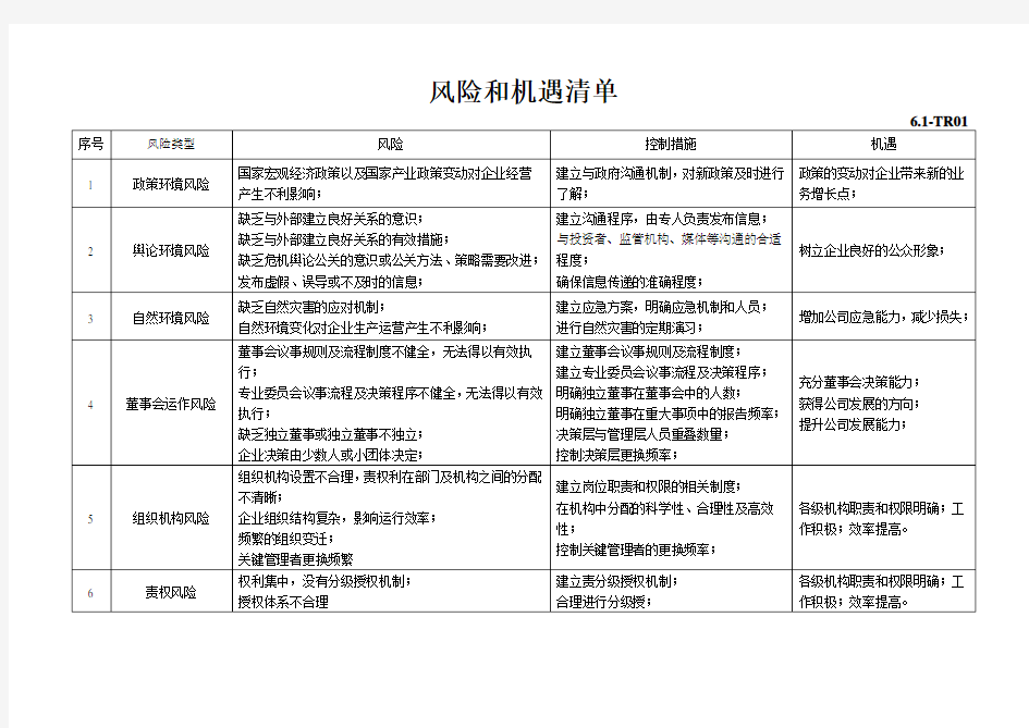 风险和机遇清单