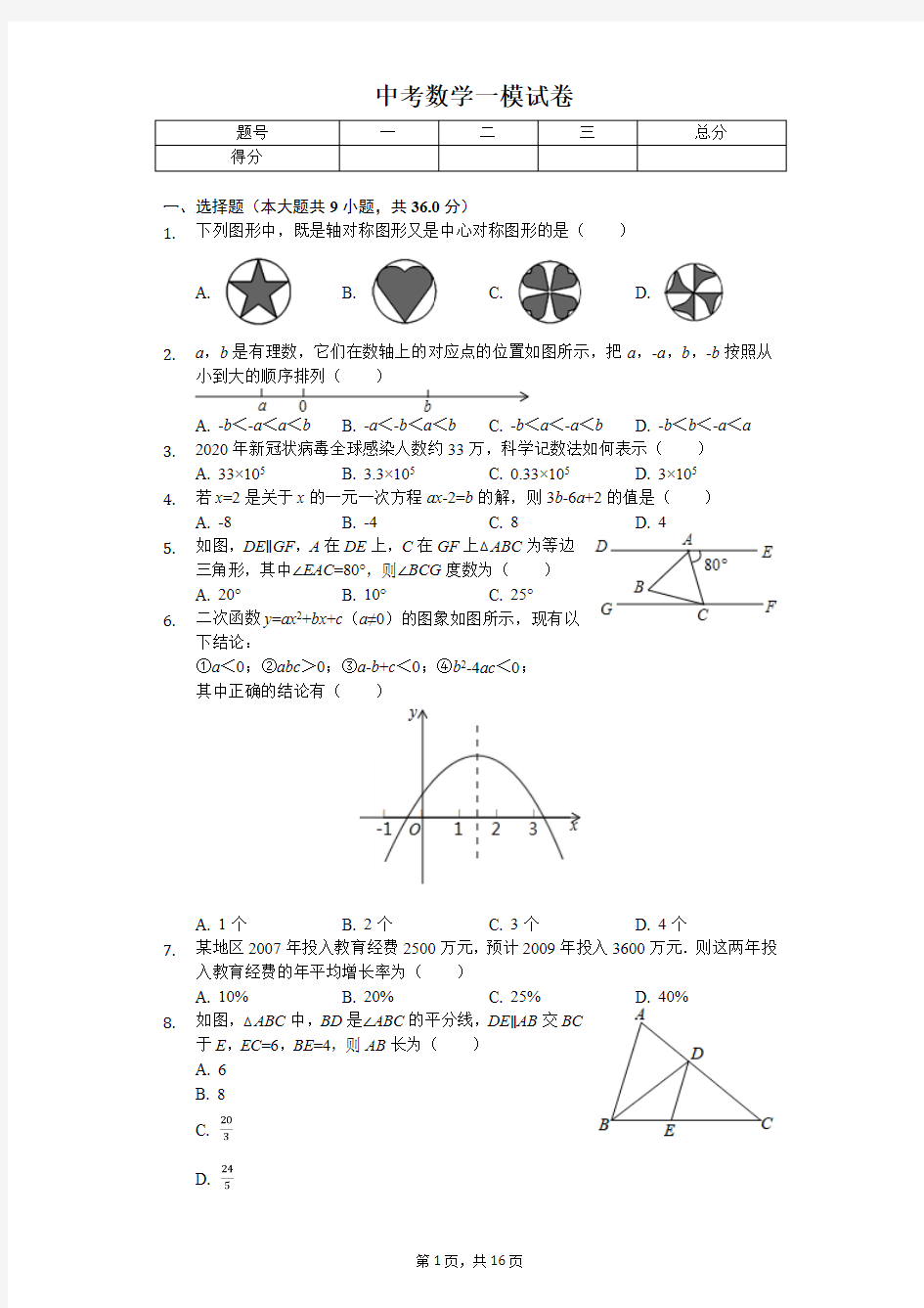 安徽省2020年中考数学一模试卷解析版