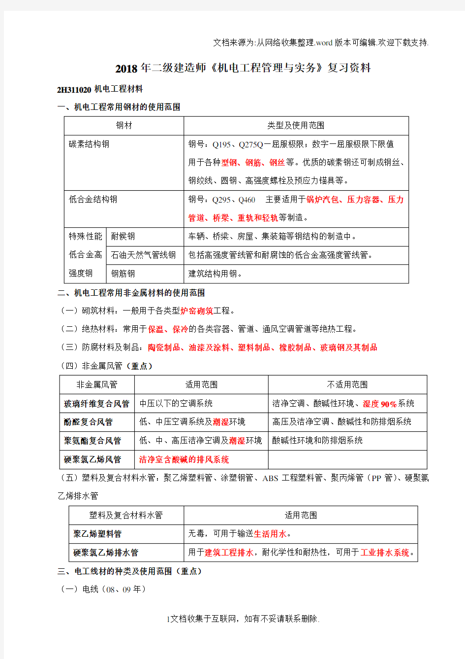 2018二级建造师机电工程管理与实务复习资料