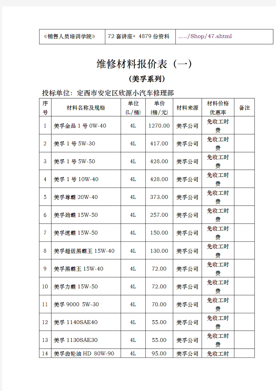 汽车维修材料报价单