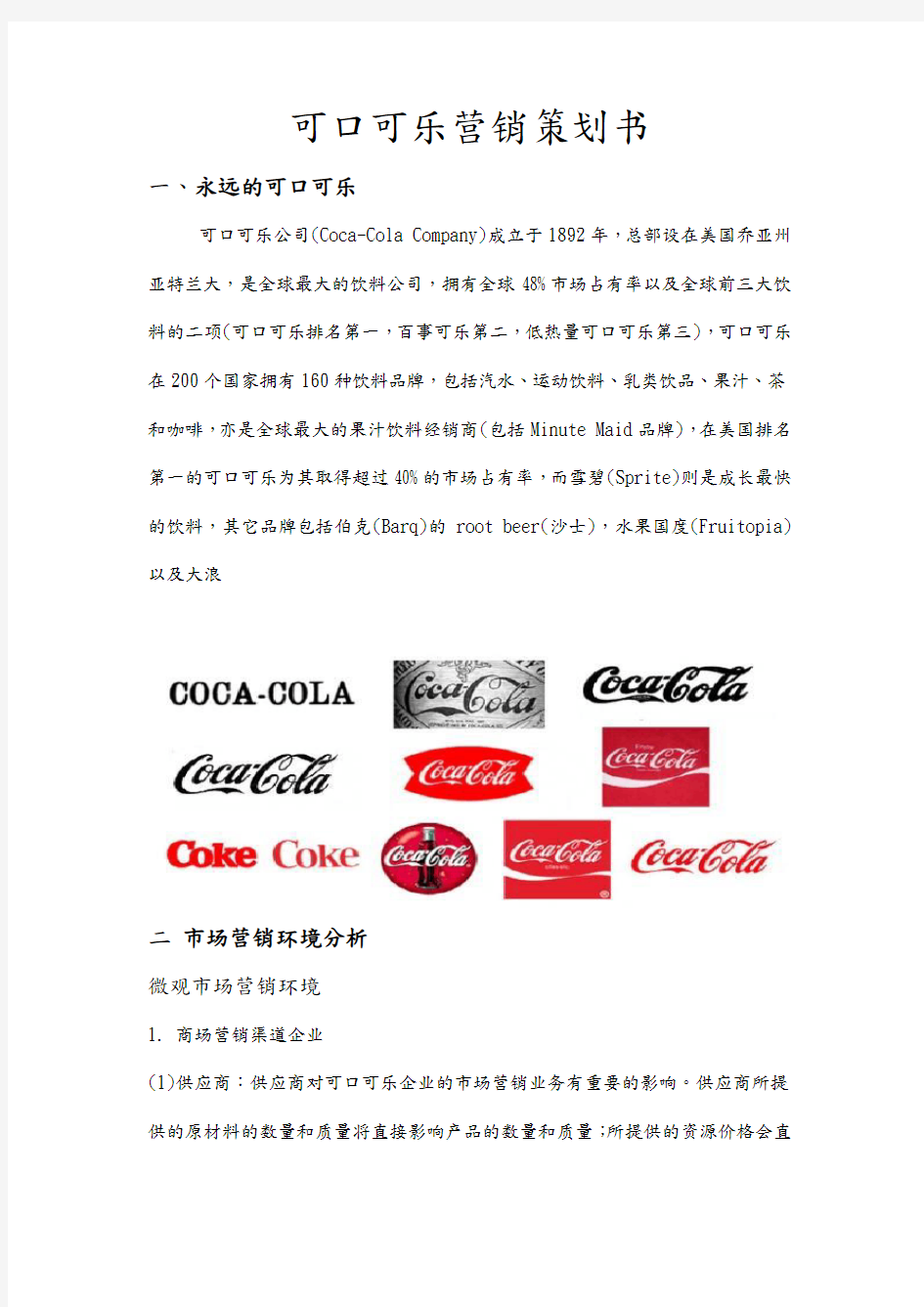 可口可乐营销策划书模板