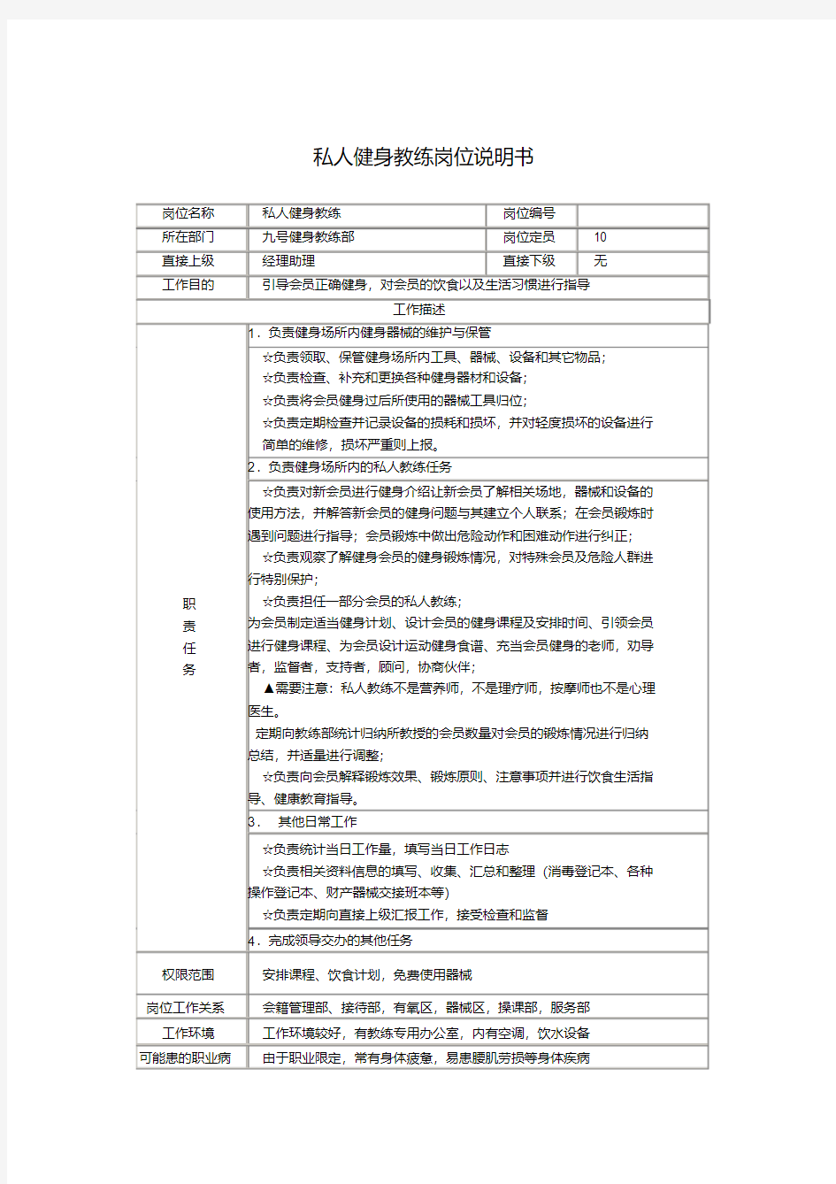 (完整版)私人健身教练岗位说明书