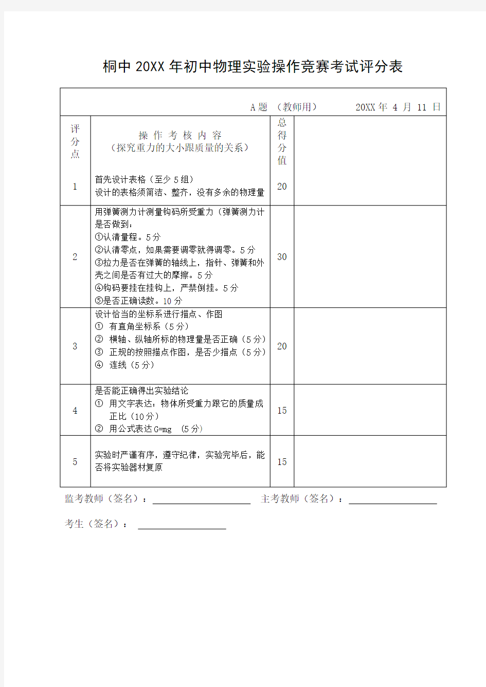 初中物理实验操作考试评分表