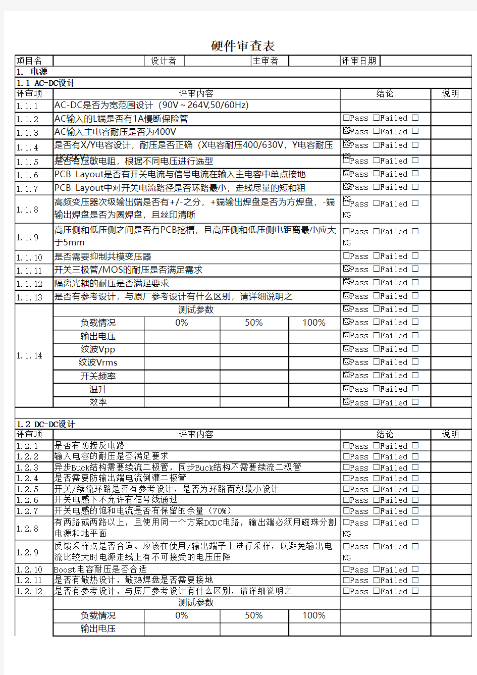 硬件审查表checklist