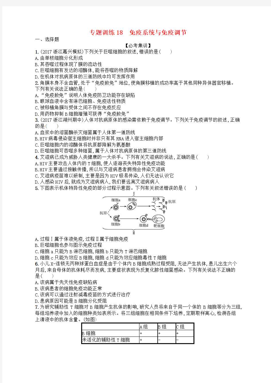 浙江2018届高考生物专题训练18免疫系统与免疫调节