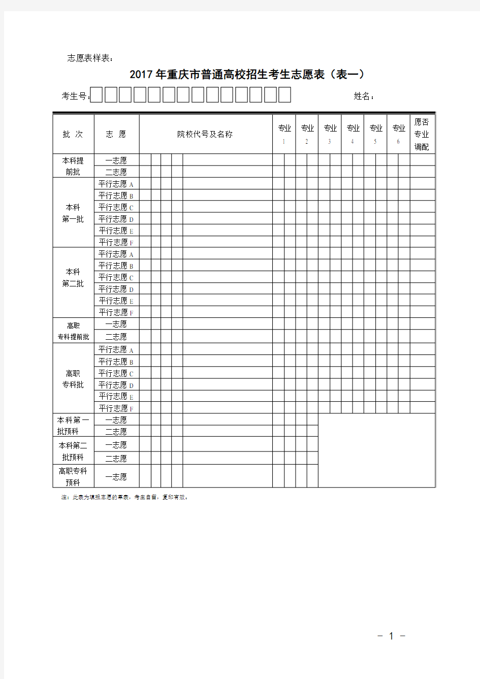 2017年重庆市普通高校招生考生志愿表样表