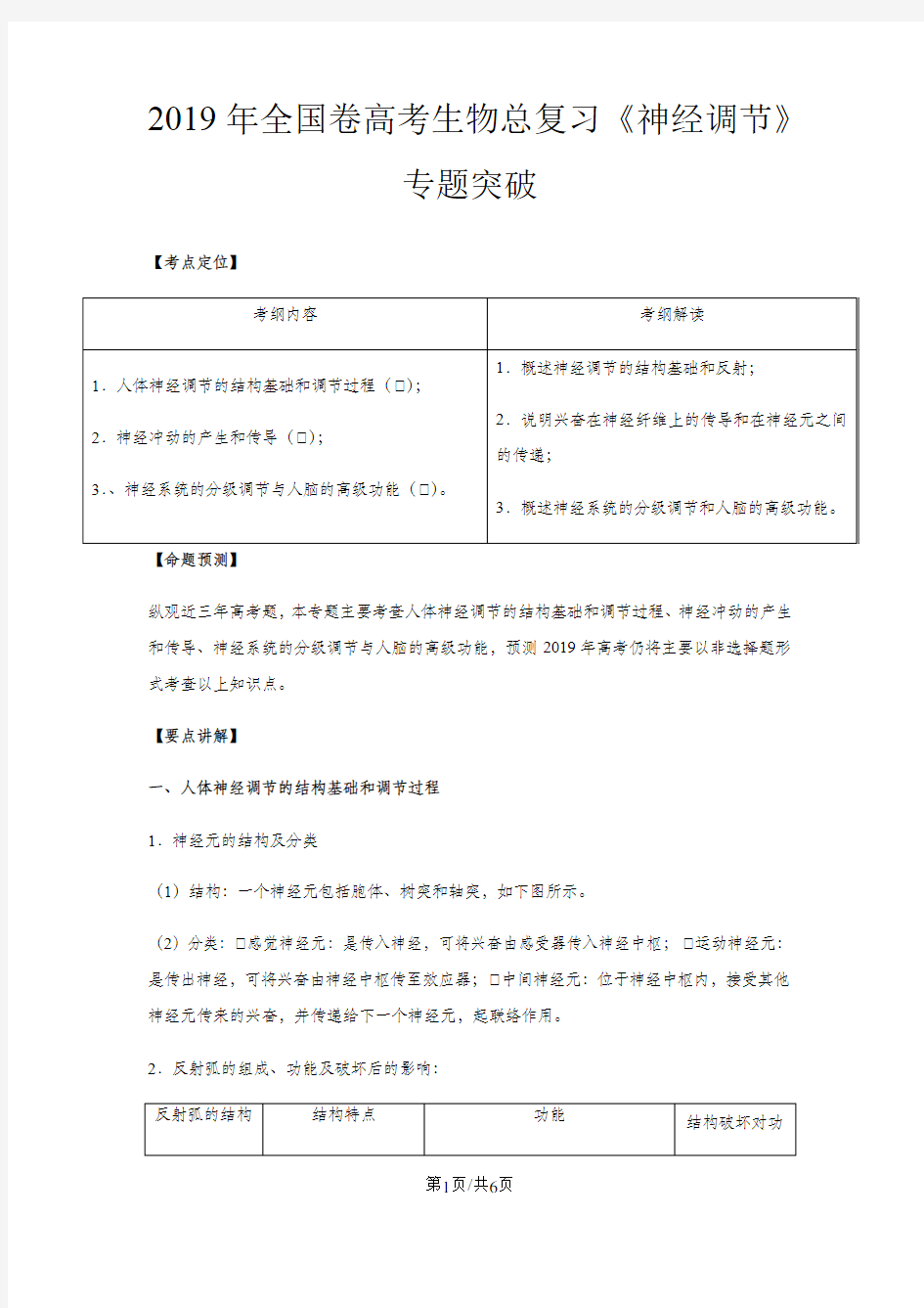 全国卷高考生物总复习《神经调节》专题突破