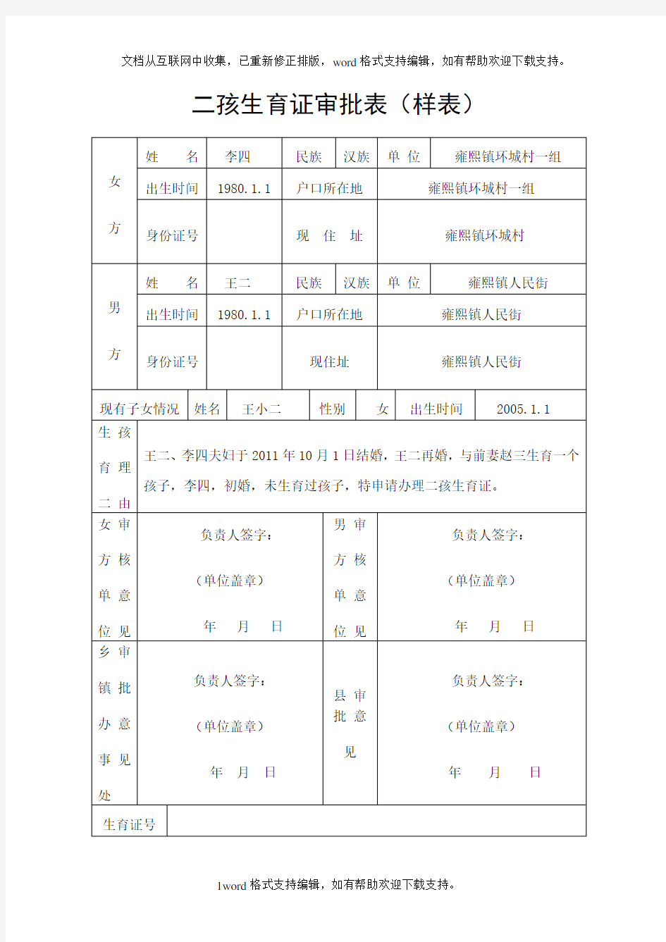 二孩生育证审批表