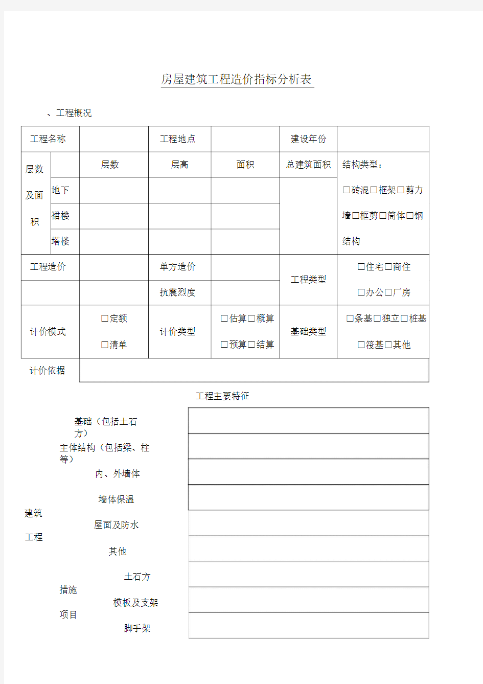 工程造价指标分析表格模板