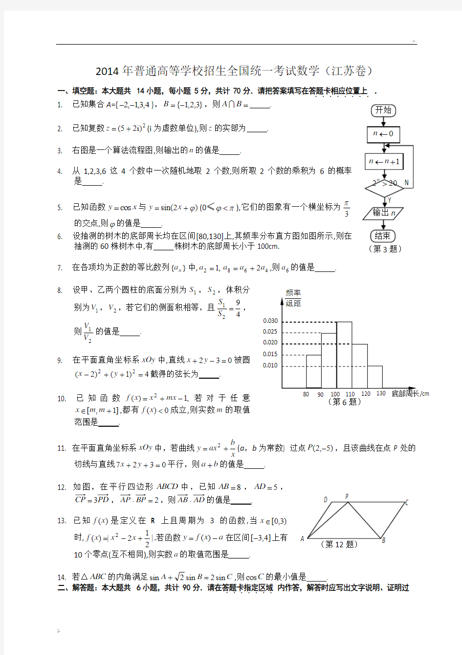 2014年江苏理科数学高考试题及答案