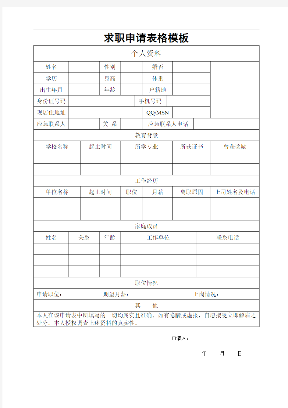 求职申请表格模板