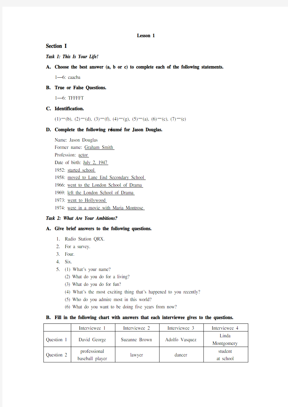 英语中级听力Lesson 1答案