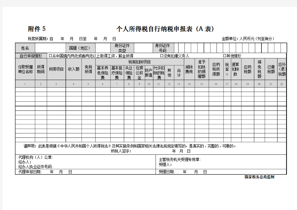 新个人所得税自行纳税申报表(A表)及填表说明