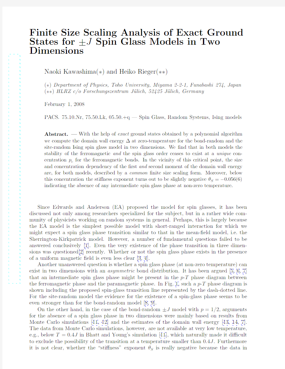 Finite Size Scaling Analysis of Exact Ground States for +-J Spin Glass Models in Two Dimens