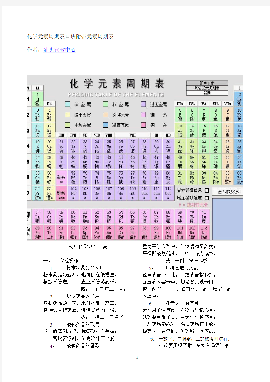 化学元素周期表口诀附带元素周期表及各元素用途