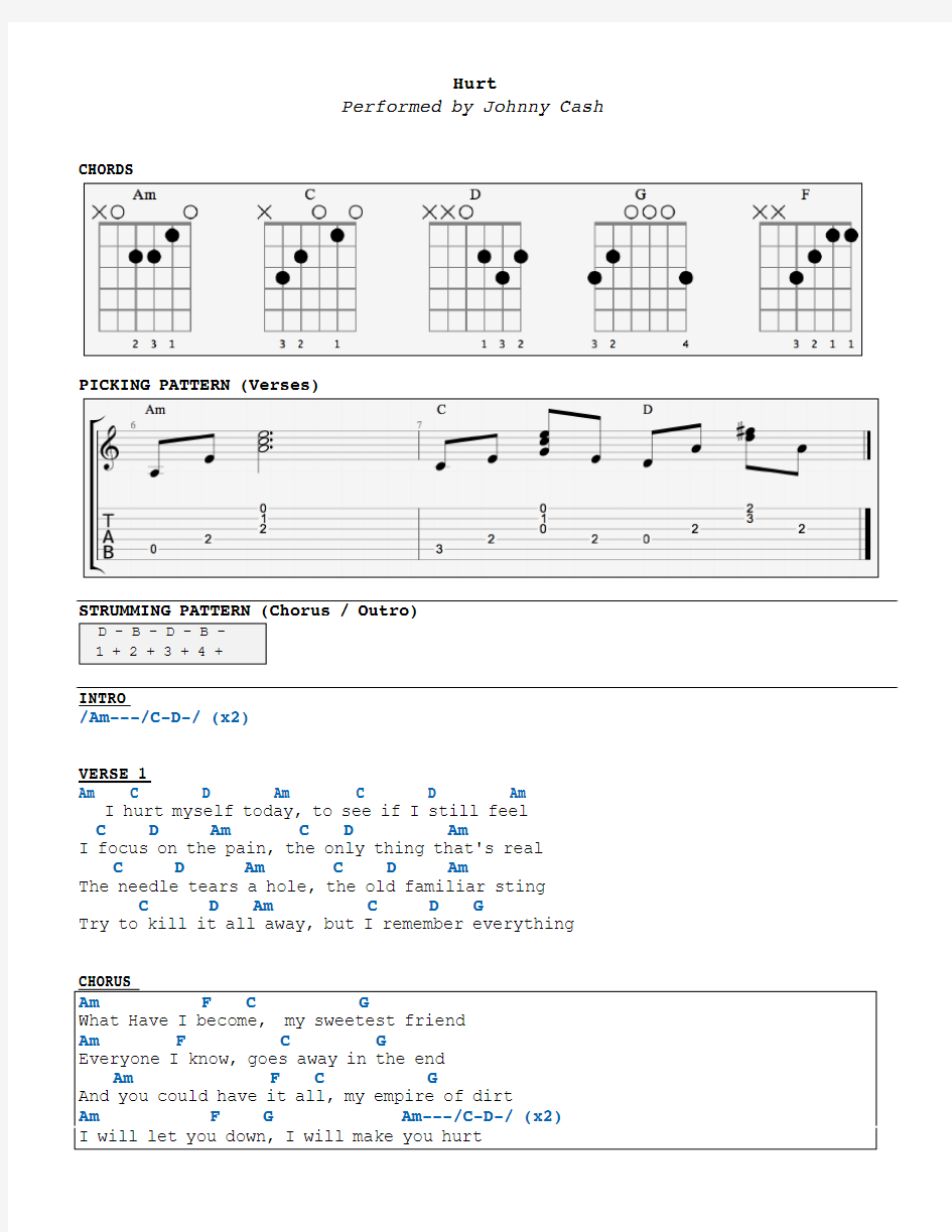 吉他谱 和弦谱 扫弦节奏johnny-cash-hurt