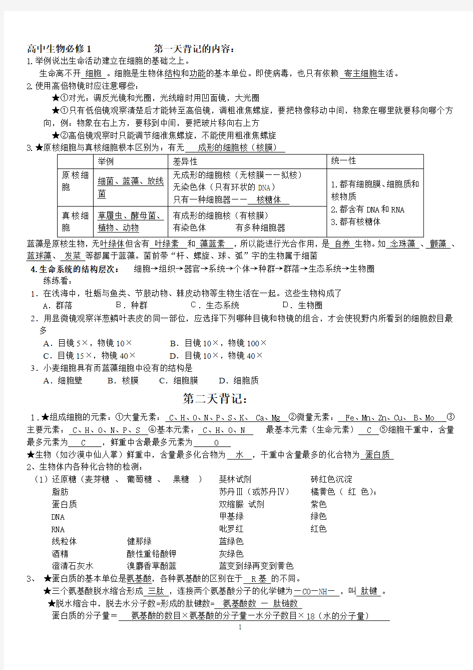 高中生物会考_必修一知识点总结