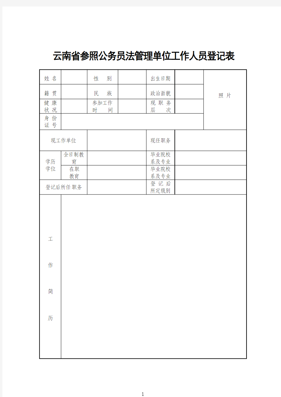 云南省参照公务员法管理单位工作人员登记表